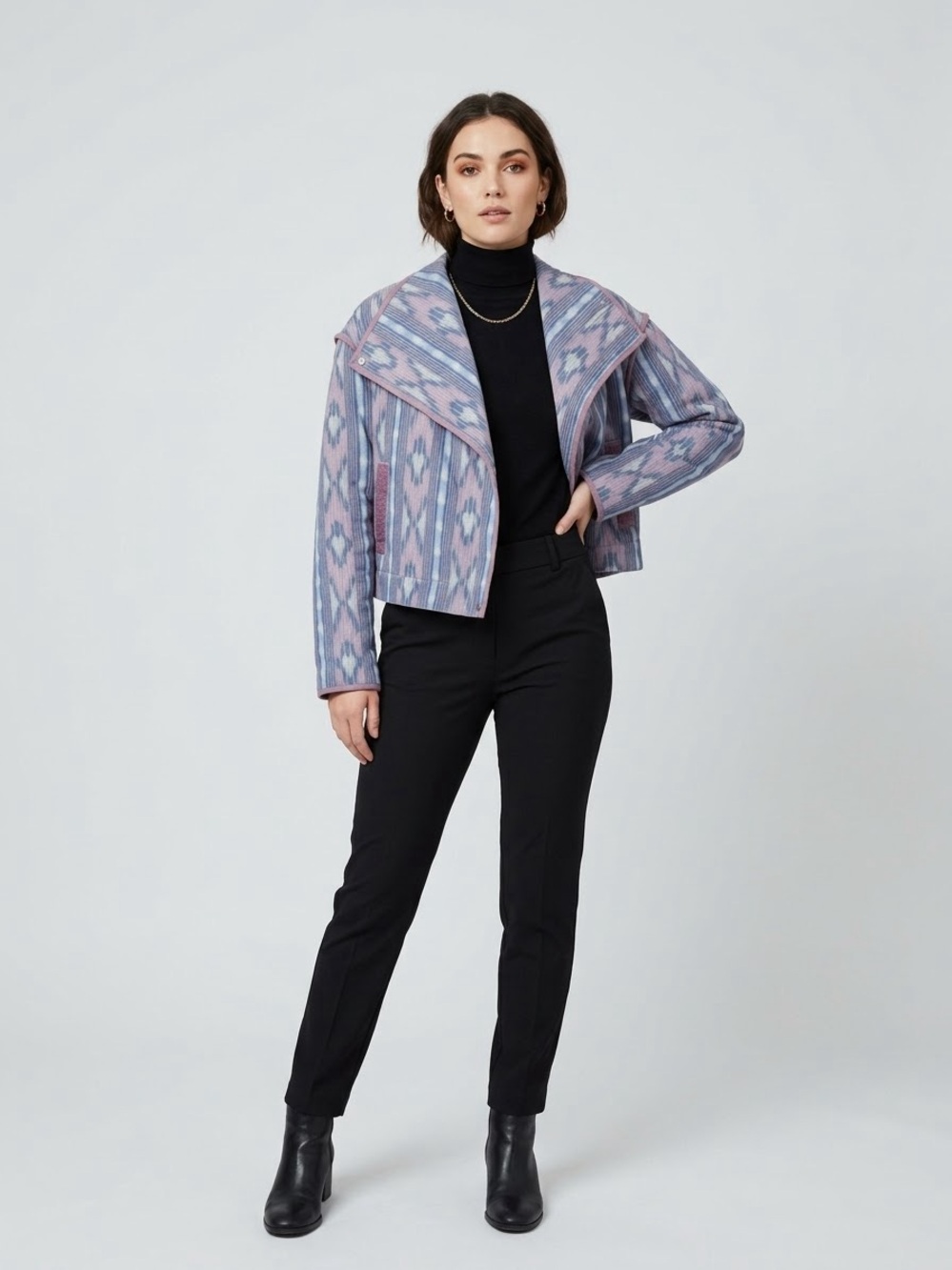 BlankNYC Southwestern Geometric Ikat Quilted Moto Jacket Purple Blue Size Large